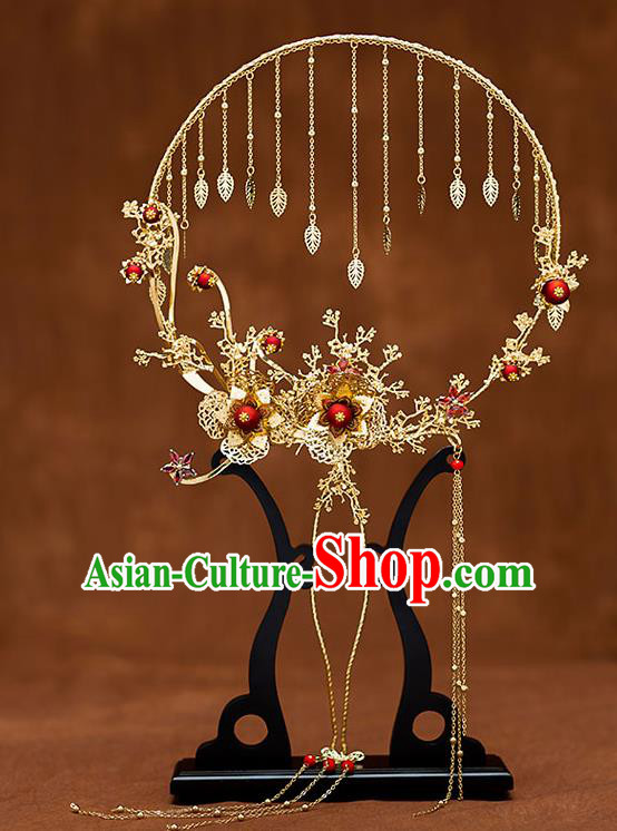 Chinese Traditional Wedding Golden Plum Palace Fans Ancient Bride Prop Round Fan for Women