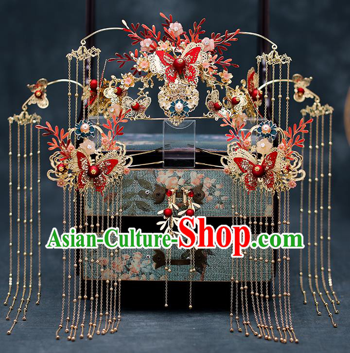Chinese Traditional Bride Red Butterfly Hair Clasp Handmade Hairpins Wedding Hair Accessories Complete Set for Women