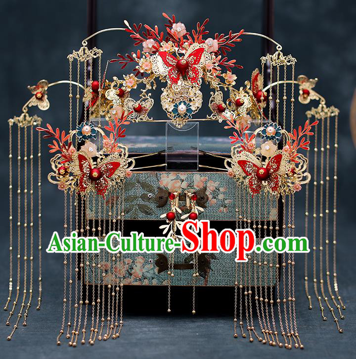 Chinese Traditional Bride Red Butterfly Hair Clasp Handmade Hairpins Wedding Hair Accessories Complete Set for Women