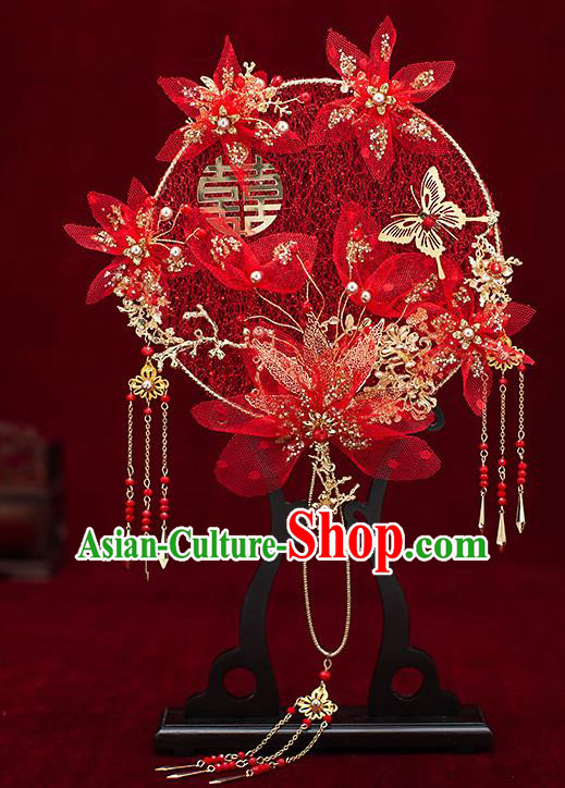 Chinese Traditional Wedding Red Silk Flowers Palace Fans Ancient Bride Prop Round Fan for Women