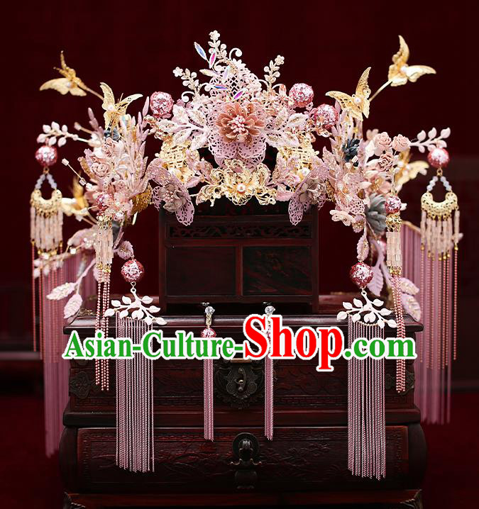 Chinese Traditional Wedding Pink Flowers Phoenix Coronet Bride Handmade Tassel Hairpins Hair Accessories Complete Set for Women