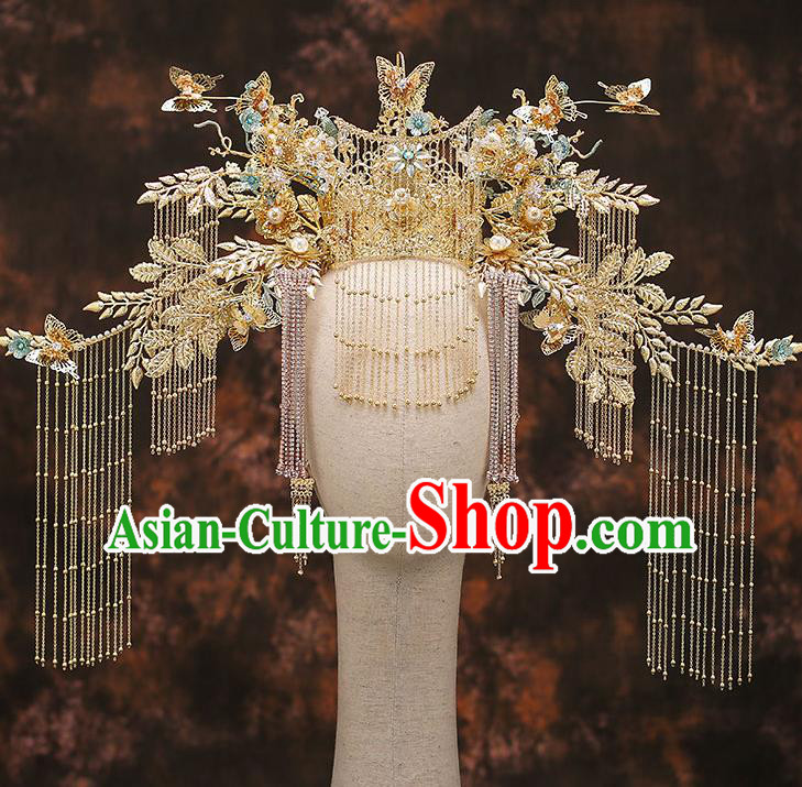 Chinese Traditional Wedding Golden Leaf Phoenix Coronet Bride Handmade Tassel Hairpins Hair Accessories Complete Set for Women