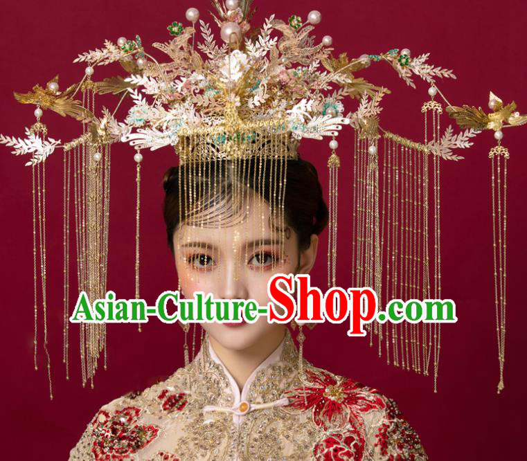 Top Chinese Traditional Wedding Golden Phoenix Coronet Bride Handmade Tassel Hairpins Hair Accessories Complete Set