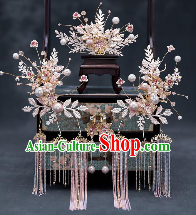 Top Chinese Traditional Wedding Leaf Hair Comb Bride Handmade Tassel Hairpins Hair Accessories Complete Set