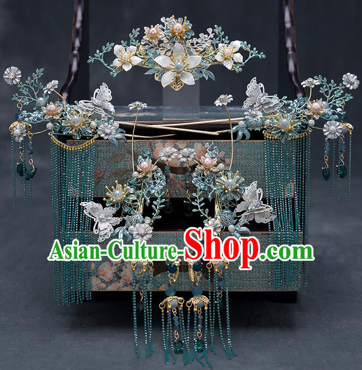 Top Chinese Traditional Wedding Blue Flower Hair Comb Bride Handmade Tassel Hairpins Hair Accessories Complete Set