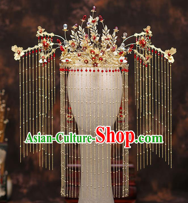 Top Chinese Traditional Wedding Golden Phoenix Coronet Bride Handmade Tassel Hairpins Hair Accessories Complete Set