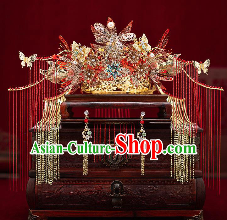 Top Chinese Traditional Wedding Golden Dragonfly Phoenix Coronet Bride Handmade Tassel Hairpins Hair Accessories Complete Set