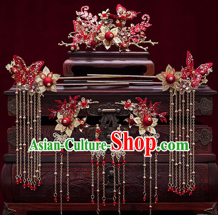 Top Chinese Traditional Wedding Red Butterfly Hair Comb Bride Handmade Tassel Hairpins Hair Accessories Complete Set