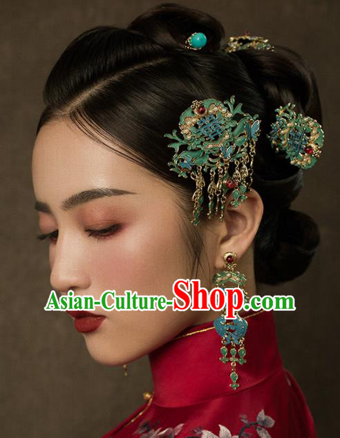 Top Chinese Traditional Wedding Blue Hair Combs Bride Handmade Tassel Hairpins Hair Accessories Complete Set