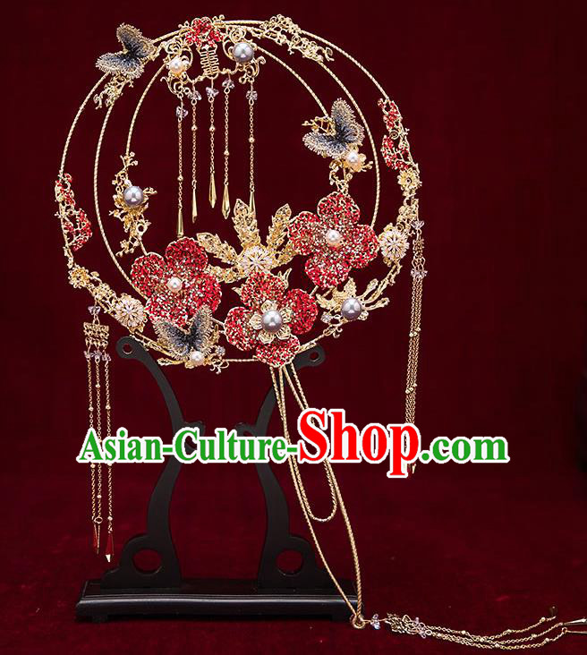 Chinese Traditional Wedding Red Crystal Flower Palace Fans Ancient Bride Prop Round Fan for Women