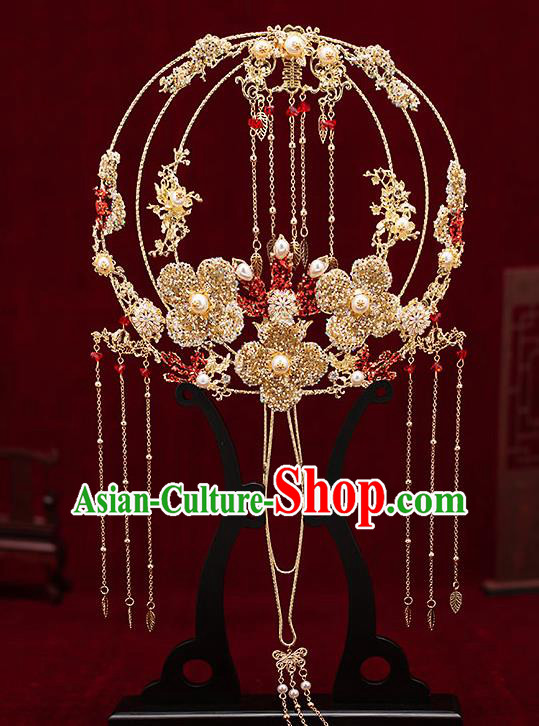 Chinese Traditional Wedding Golden Crystal Flower Palace Fans Ancient Bride Prop Round Fan for Women