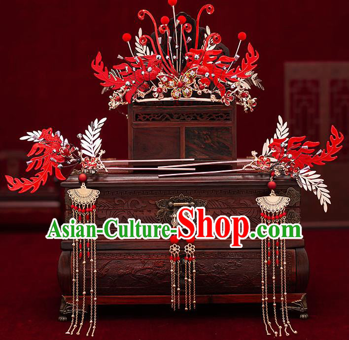 Top Chinese Traditional Wedding Red Phoenix Hair Crown Bride Handmade Tassel Hairpins Hair Accessories Complete Set