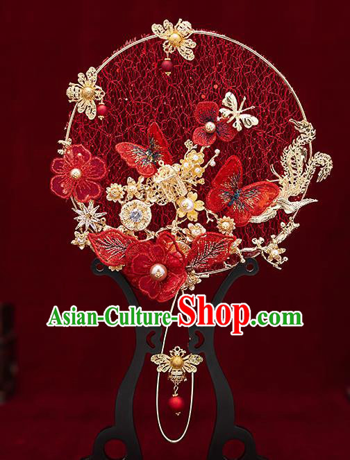 Chinese Traditional Wedding Red Lace Butterfly Palace Fans Ancient Bride Prop Round Fan for Women