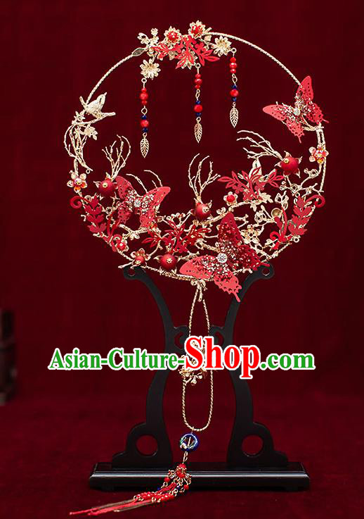 Chinese Traditional Wedding Red Palace Fans Ancient Bride Prop Round Fan for Women