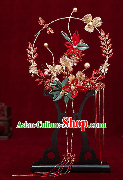 Chinese Traditional Wedding Red Tassel Palace Fans Ancient Bride Prop Round Fan for Women