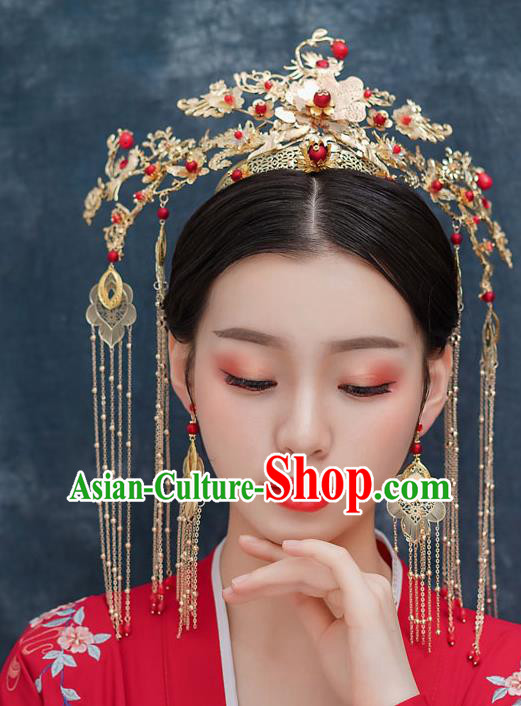 Top Chinese Traditional Wedding Hair Crown Bride Handmade Tassel Hairpins Hair Accessories Complete Set