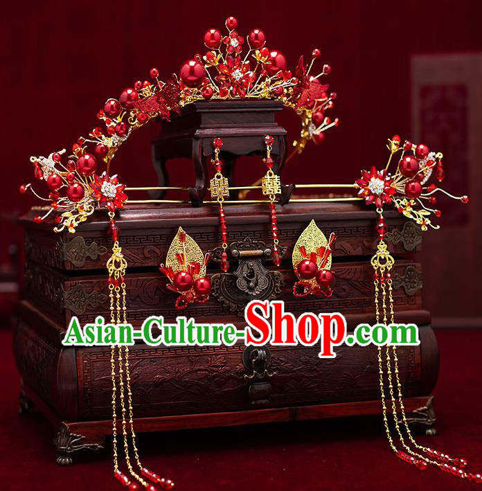 Top Chinese Traditional Wedding Red Beads Hair Clasp Bride Handmade Tassel Hairpins Hair Accessories Complete Set