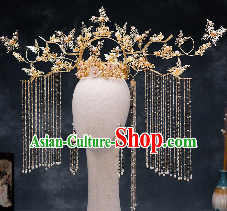 Top Chinese Traditional Wedding Phoenix Coronet Bride Handmade Tassel Hairpins Hair Accessories Complete Set