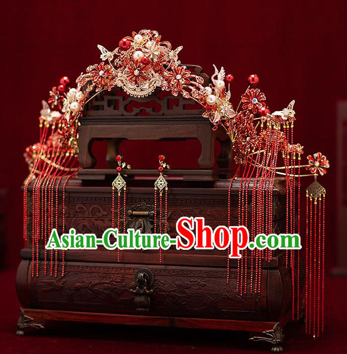 Top Chinese Traditional Wedding Red Flowers Hair Crown Bride Handmade Tassel Hairpins Hair Accessories Complete Set