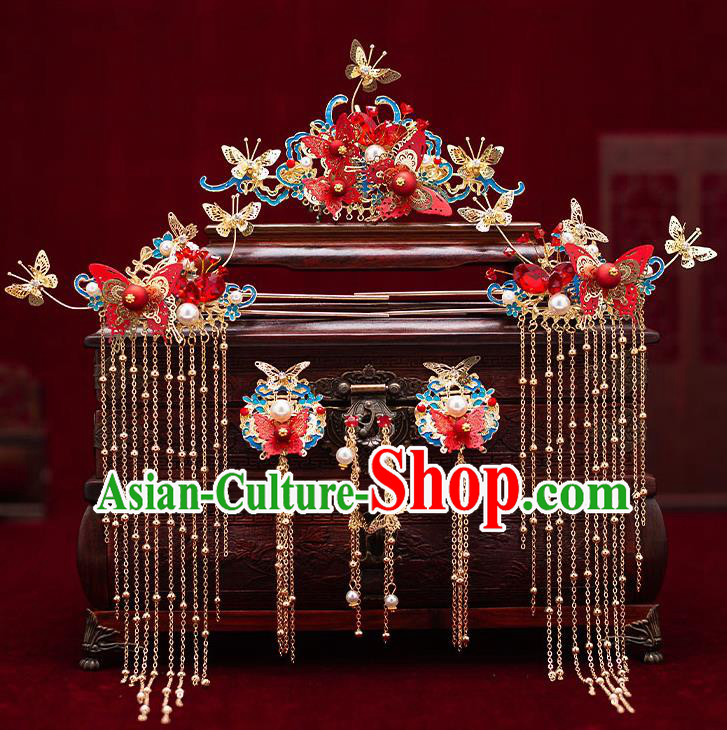 Top Chinese Traditional Wedding Cloisonne Hair Combs Bride Handmade Tassel Hairpins Hair Accessories Complete Set