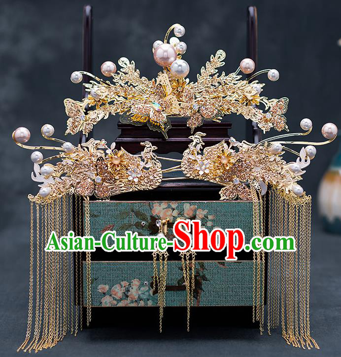 Top Chinese Traditional Wedding Golden Phoenix Hair Comb Bride Handmade Tassel Hairpins Hair Accessories Complete Set