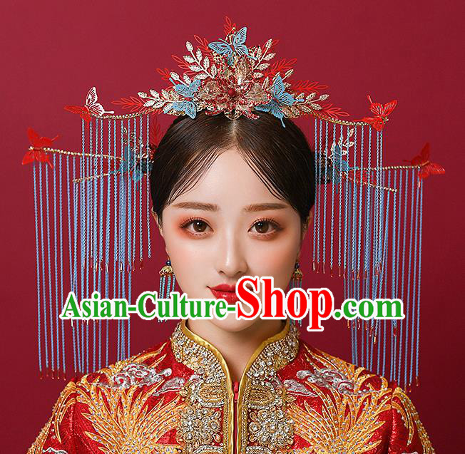 Top Chinese Traditional Wedding Blue Tassel Phoenix Coronet Bride Handmade Hairpins Hair Accessories Complete Set