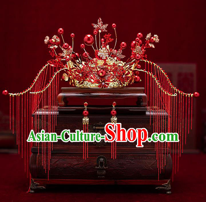 Top Chinese Traditional Wedding Red Phoenix Coronet Bride Handmade Tassel Hairpins Hair Accessories Complete Set