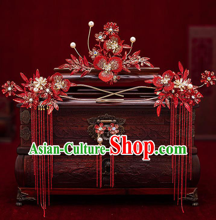 Top Chinese Traditional Wedding Red Flower Hair Comb Bride Handmade Tassel Hairpins Hair Accessories Complete Set