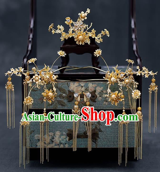 Top Chinese Traditional Wedding Golden Plum Hair Comb Bride Handmade Tassel Hairpins Hair Accessories Complete Set