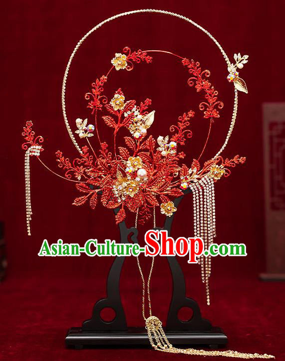 Chinese Traditional Wedding Red Leaf Palace Fans Ancient Bride Prop Round Fan for Women