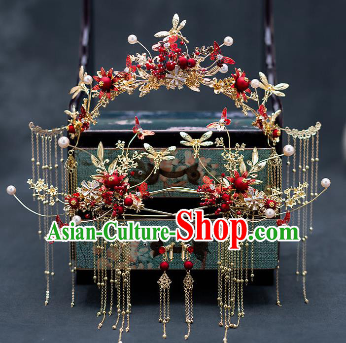 Top Chinese Traditional Wedding Dragonfly Tassel Phoenix Coronet Bride Handmade Hairpins Hair Accessories Complete Set