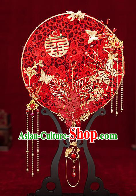 Chinese Traditional Wedding Red Lace Plum Palace Fans Ancient Bride Prop Round Fan for Women