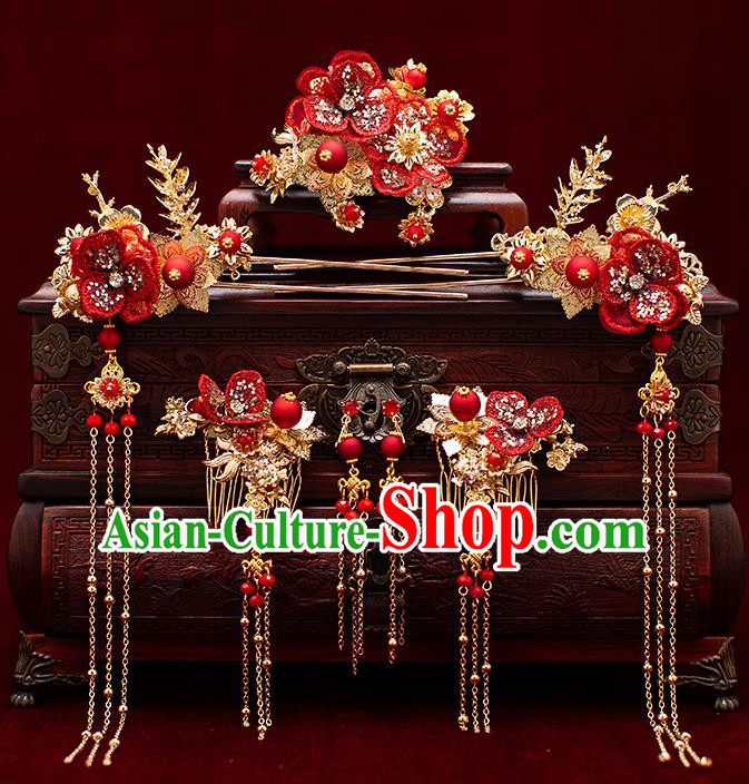 Top Chinese Traditional Wedding Red Flower Hair Combs Bride Handmade Hairpins Hair Accessories Complete Set