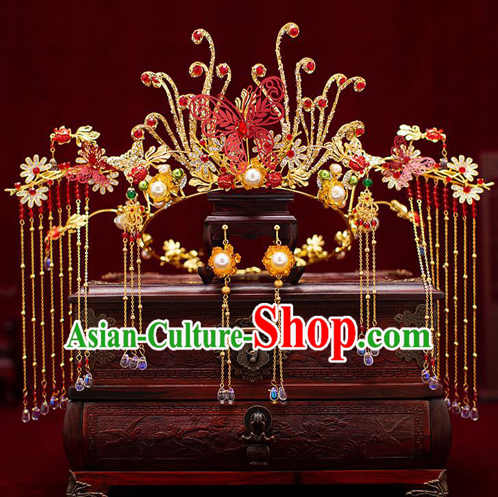 Top Chinese Traditional Wedding Royal Crown Bride Handmade Hairpins Hair Accessories Complete Set