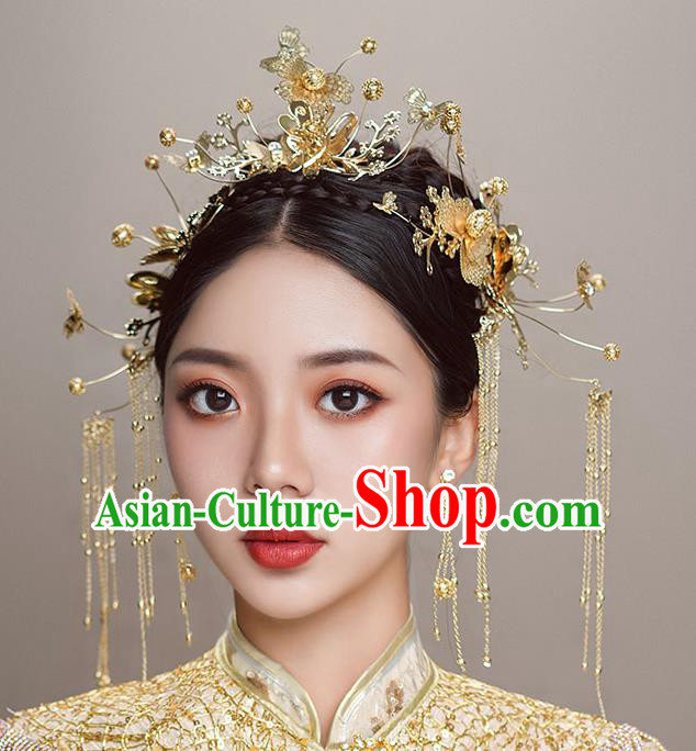 Top Chinese Traditional Wedding Tassel Hair Crown Bride Handmade Hairpins Hair Accessories Complete Set