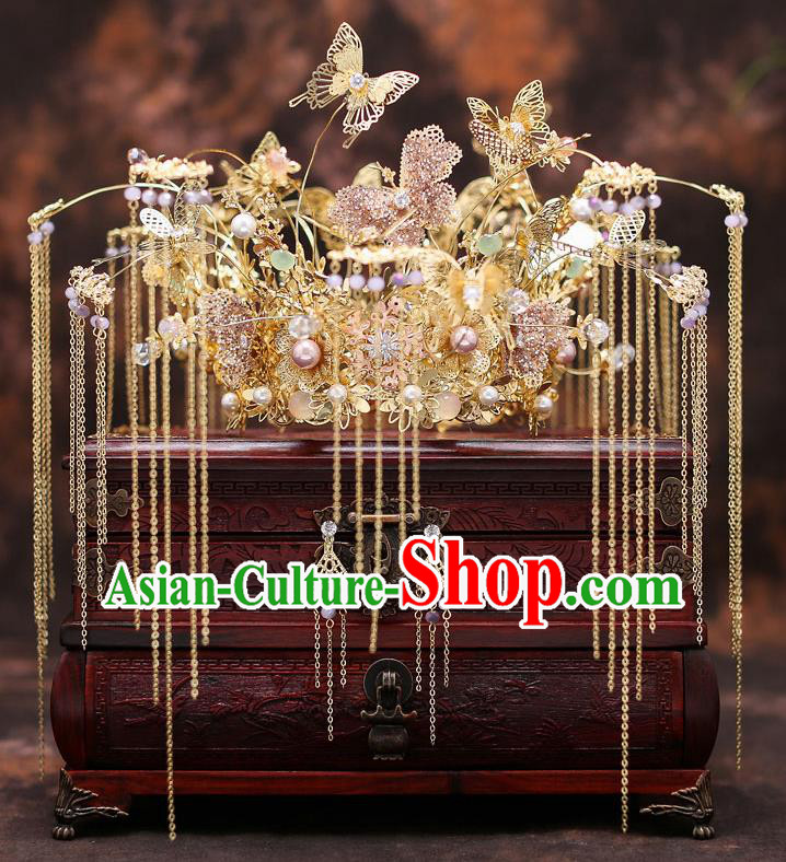 Top Chinese Traditional Wedding Golden Butterfly Hair Crown Bride Handmade Hairpins Hair Accessories Complete Set