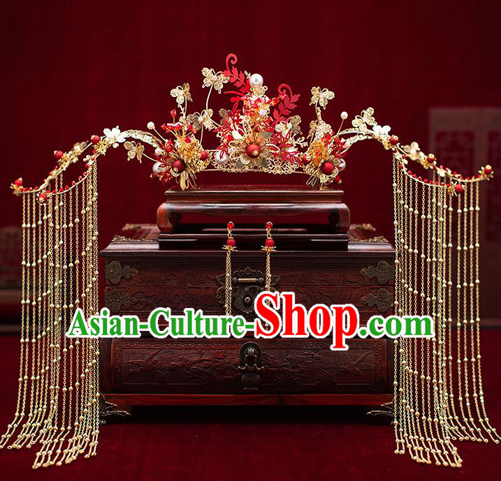 Top Chinese Traditional Wedding Golden Tassel Hair Crown Bride Handmade Hairpins Hair Accessories Complete Set