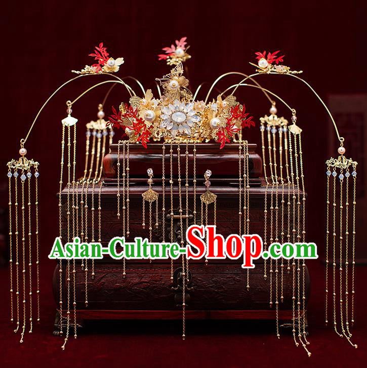 Top Chinese Traditional Wedding Tassel Opal Hair Crown Bride Handmade Hairpins Hair Accessories Complete Set