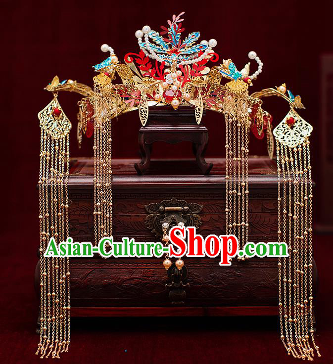 Top Chinese Traditional Wedding Pearls Phoenix Hair Crown Bride Handmade Hairpins Hair Accessories Complete Set