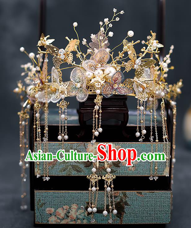 Top Chinese Traditional Wedding Tassel Golden Hair Clasp Bride Handmade Hairpins Hair Accessories Complete Set