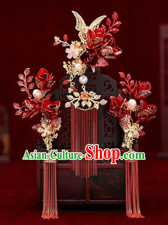 Top Chinese Traditional Wedding Red Tassel Hair Comb Bride Handmade Hairpins Hair Accessories Complete Set