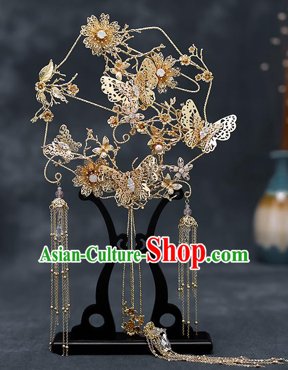 Chinese Traditional Wedding Golden Butterfly Palace Fans Ancient Bride Prop Round Fan for Women