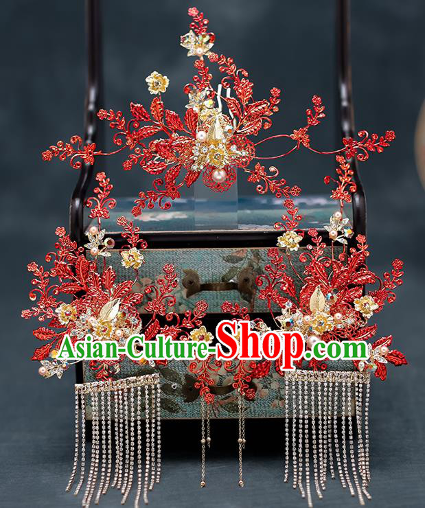 Top Chinese Traditional Wedding Hair Comb Bride Handmade Red Leaf Hairpins Hair Accessories Complete Set