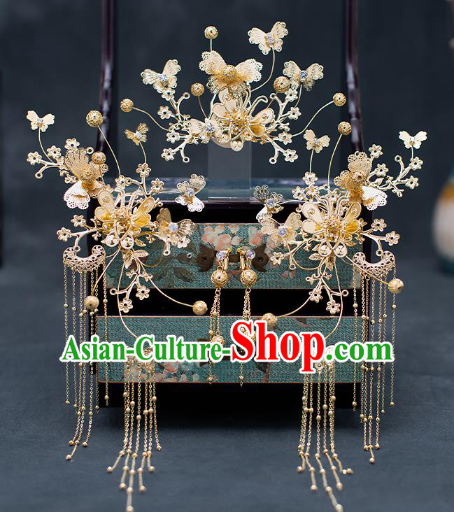 Top Chinese Traditional Wedding Hair Comb Bride Handmade Golden Butterfly Hairpins Hair Accessories Complete Set