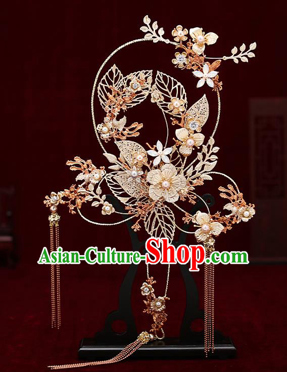 Chinese Traditional Wedding Golden Leaf Palace Fans Ancient Bride Prop Round Fan for Women