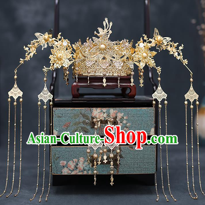 Top Chinese Traditional Wedding Tassel Phoenix Coronet Bride Handmade Hairpins Hair Accessories Complete Set