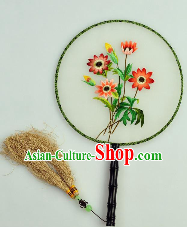 Chinese Traditional Embroidered Flowers Silk Fans Craft Handmade Su Embroidery Palace Fan Round Fan