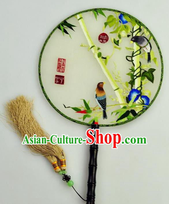 Chinese Traditional Embroidered Bamboo Silk Fans Craft Handmade Su Embroidery Petunia Birds Palace Fan Round Fan