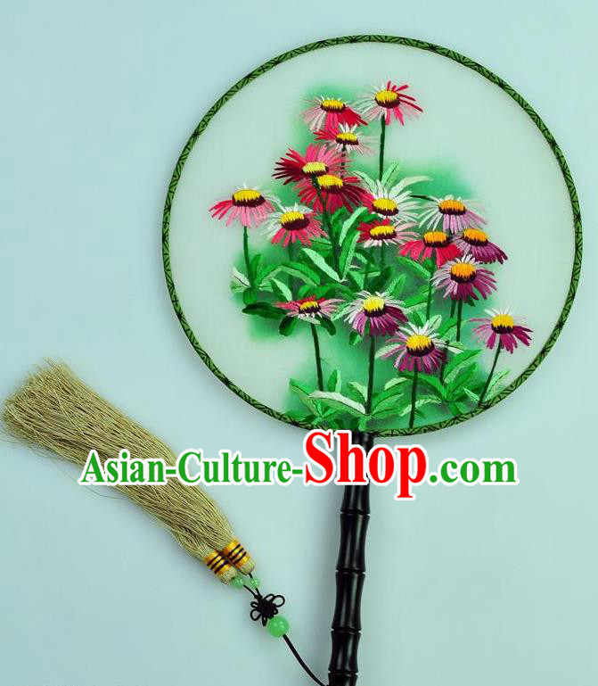 Chinese Traditional Embroidered Daisy Silk Fans Craft Handmade Su Embroidery Palace Fan Round Fan