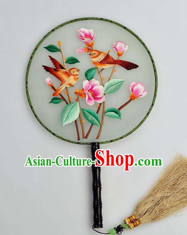 Chinese Traditional Embroidered Silk Fans Craft Handmade Su Embroidery Flowers Birds Palace Fan Round Fan